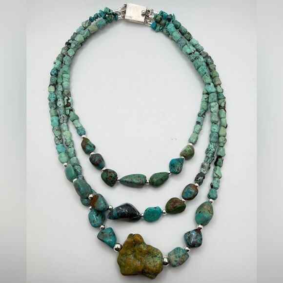 18"-22" Three strands of turquoise and 925 beaded necklace w/ VTG TAXCO clasp! - Picture 7 of 11